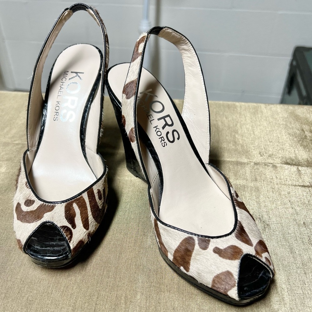 KORS Michael Kors Faux Fur Animal Print Wedge Sandals